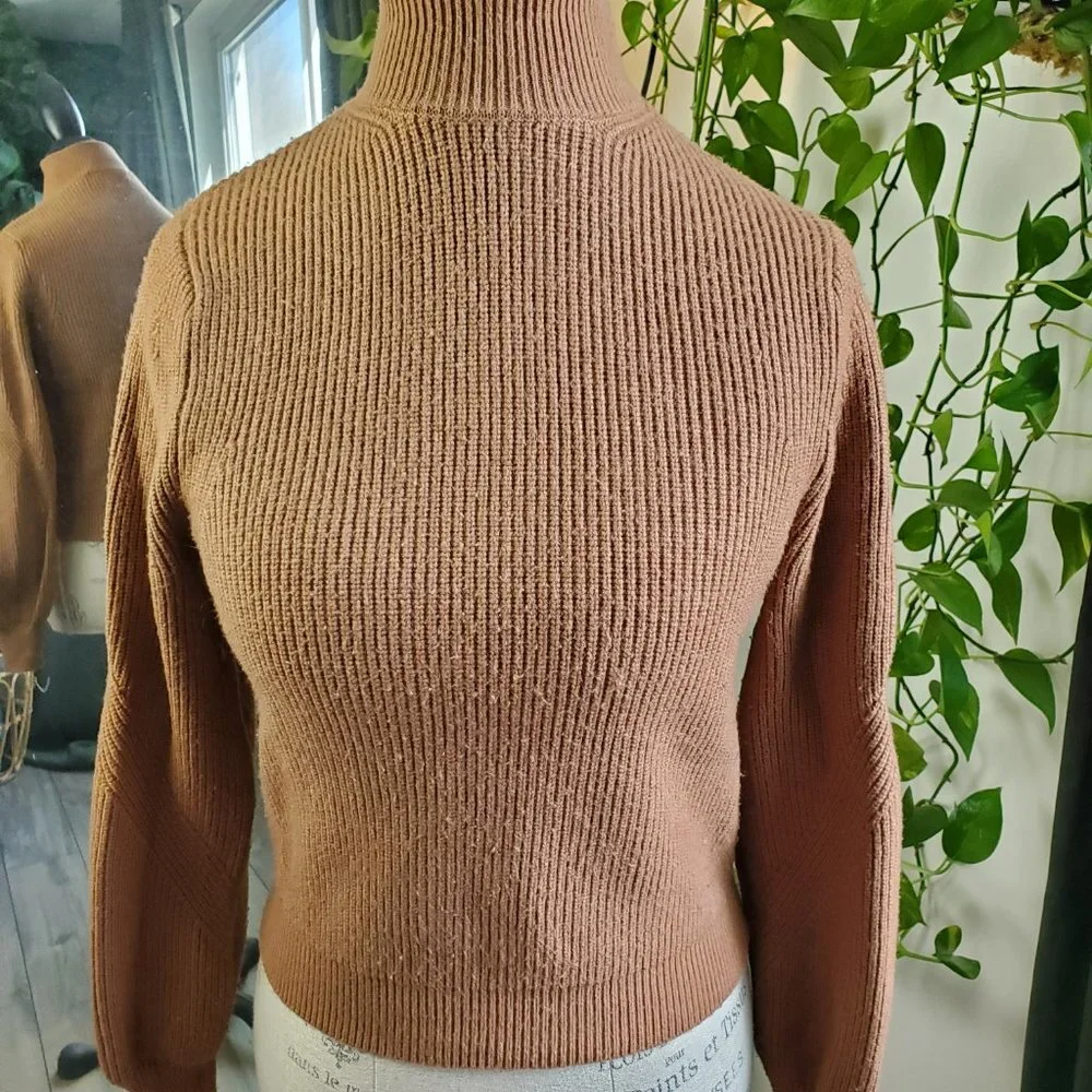 ZARA | Turtleneck Tapered Sleeve Ribbed Bodice Warm  Brown Sweater (Size S) - Picture 2 of 8